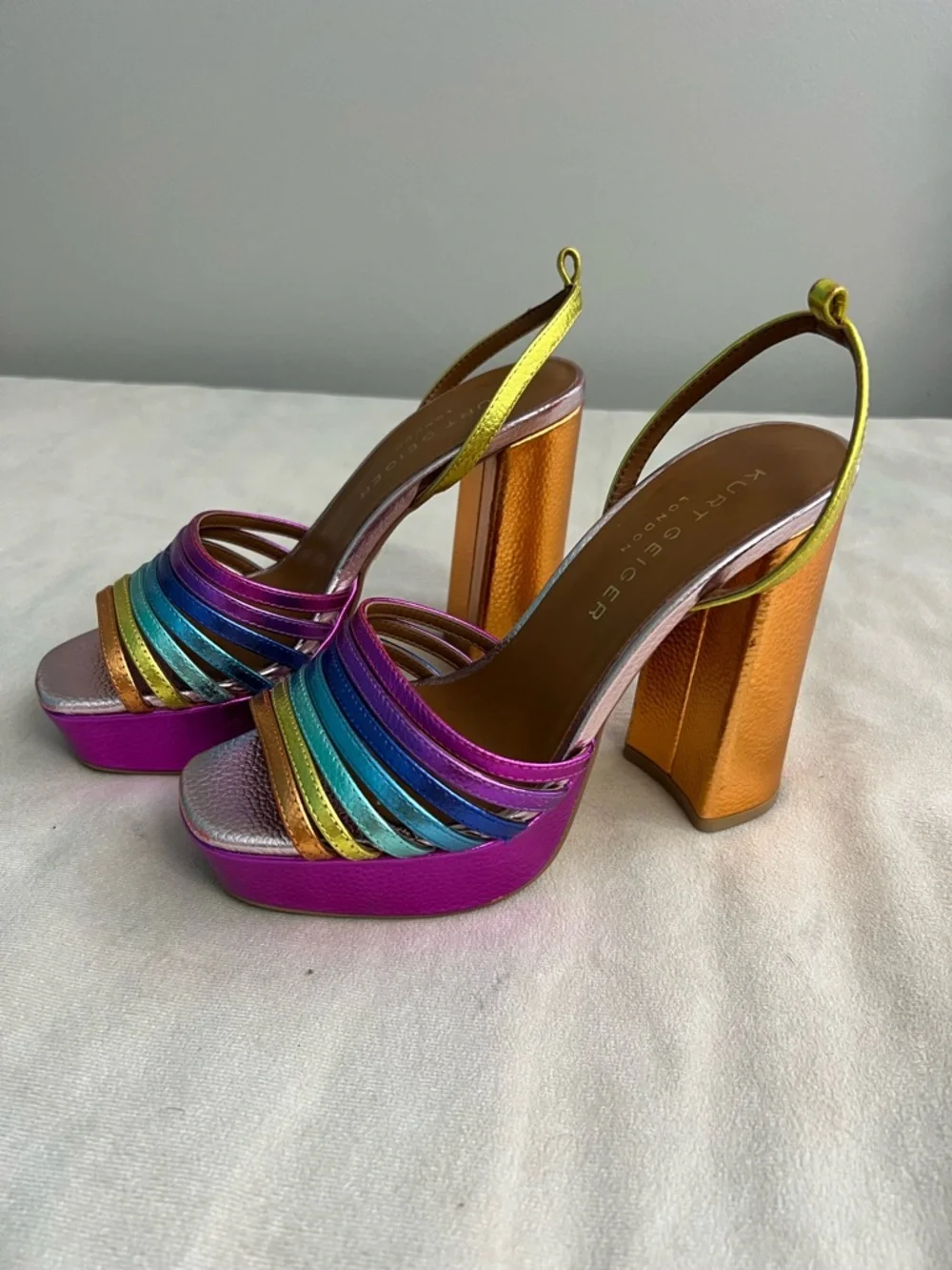 🌈 Kurt Geiger London Rainbow Platform Heels 💖 Metallic Slingback Block Heel 36.5